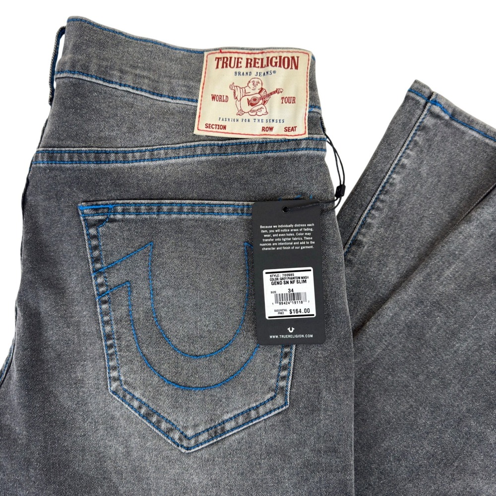 True Religion Geno Relaxed Slim Jeans Grey Phantom Wash Blue Stitching Fit 36x32